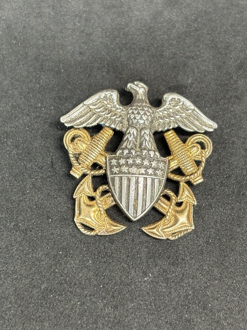 10k Gold filled sterling US Navy Officer Badge Eagle Anchors Silver Brooch pin